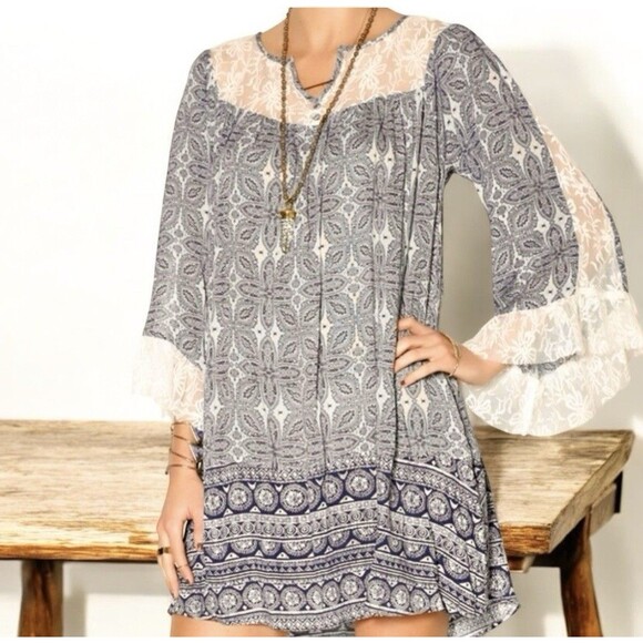 John Mark Peasant Mini Dress 3/4 Bell Sleeve Lace Detail On Blue - Picture 1 of 12